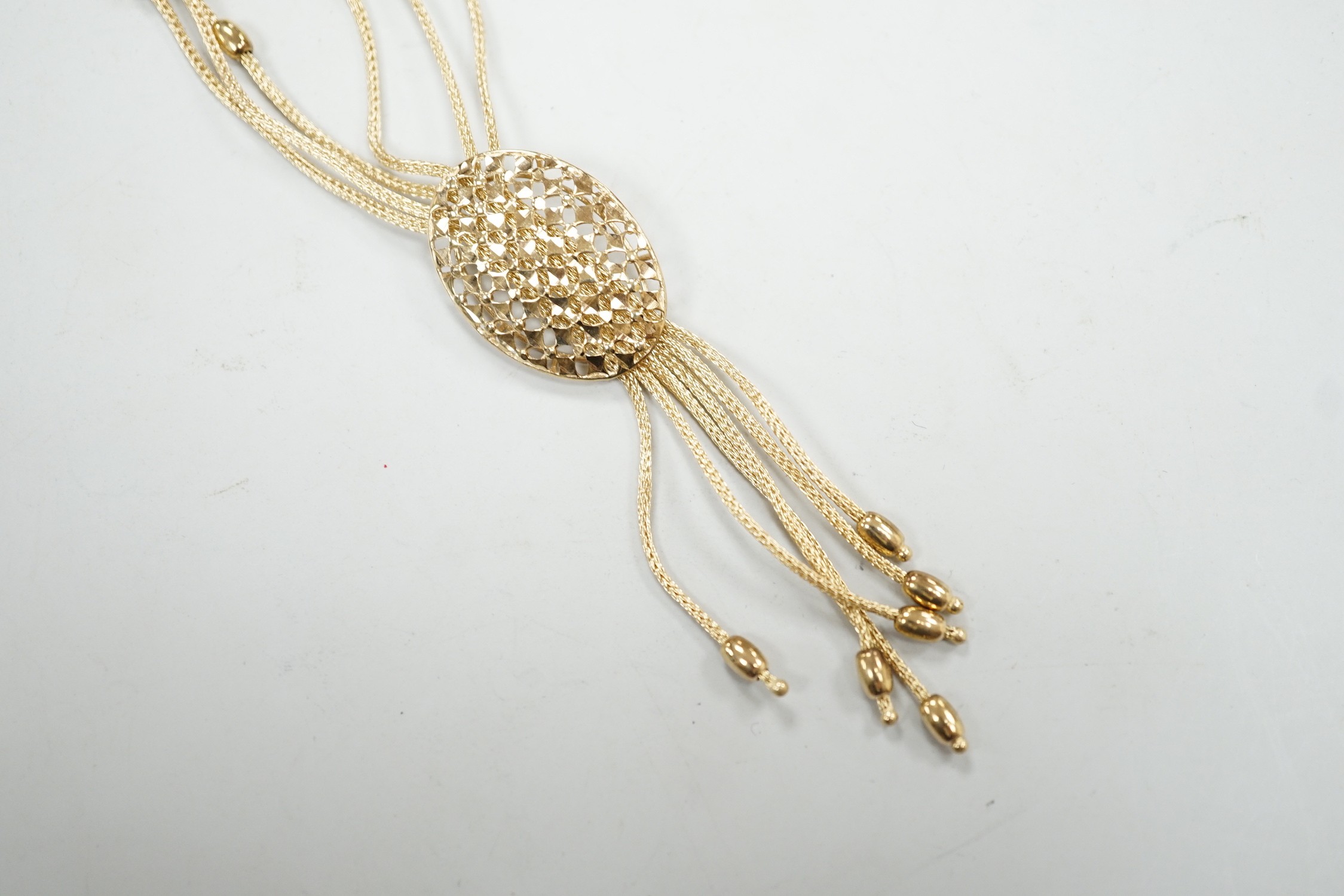 A modern Italian 375 yellow metal multi strand drop tassel necklace, approx. 49cm, 9.9 grams.